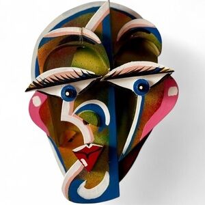 Signed Joseph Derr Cubist Shape Layered Painted Wood Face Sculpture Modern Art